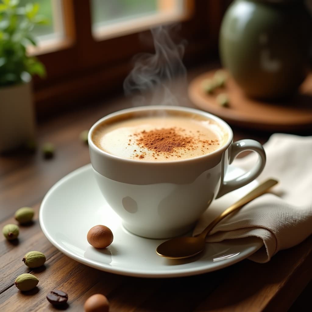 Taza de cerámica blanca con latte vegano de café y cardamomo, coronado por espuma cremosa de leche de avellanas, decorado con pizcas de cardamomo molido y canela en polvo sobre una mesa de madera rústica con granos de café y ramas de cardamomo al fondo.