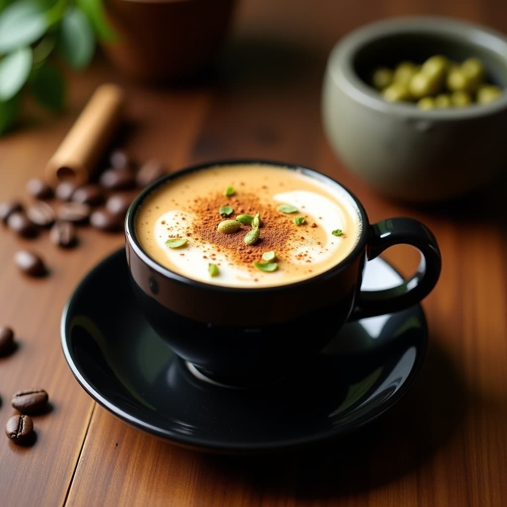 Taza de cerámica negra con bebida de café oscuro coronada por espuma ligera de leche de yerba mate, semillas de cardamomo y canela en polvo espolvoreada. Fondo rústico con granos de café y yerba mate dispersos.