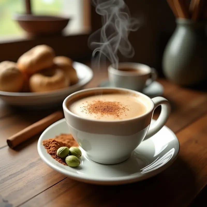 Taza de cerámica blanca con latte colombiano de café de cáscara y cardamomo, espolvoreado con canela, sobre una mesa de madera rústica con semillas de cardamomo y cáscara de café al lado.