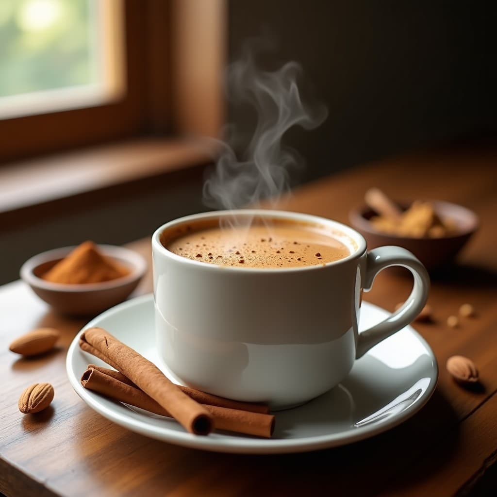 Taza de cerámica blanca con bebida de café de hongos chaga y canela, espumosa y humeante, sobre una mesa de madera con canela en rama y chaga en polvo esparcido alrededor. Fondos cálidos y Lighting suave.