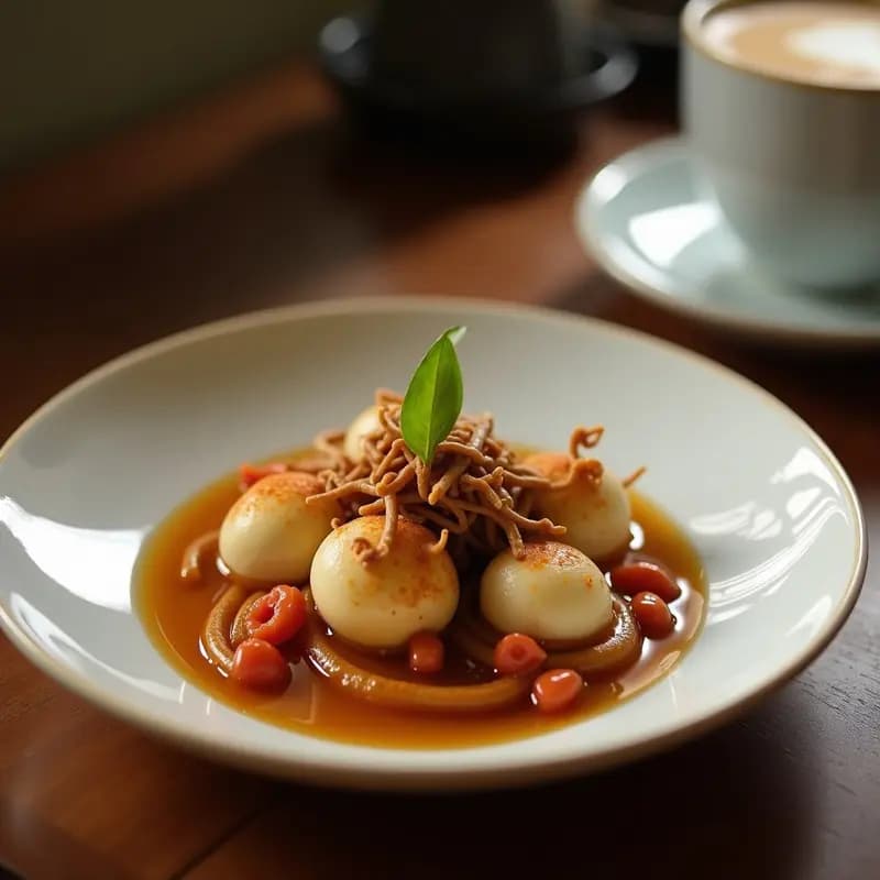 Taza de cerámica blanca con bebida de café con cordyceps y canela, humeante, sobre una mesa de madera rústica con una cucharita de madera y un frasco de cordyceps en polvo al fondo.