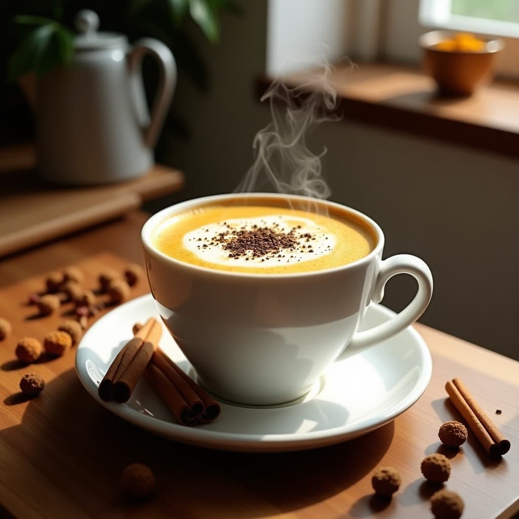 Taza de cerámica blanca humeante con latte dorado de café y cúrcuma, espolvoreado con pimienta negra y canela, sobre una mesa de madera con especias al lado.