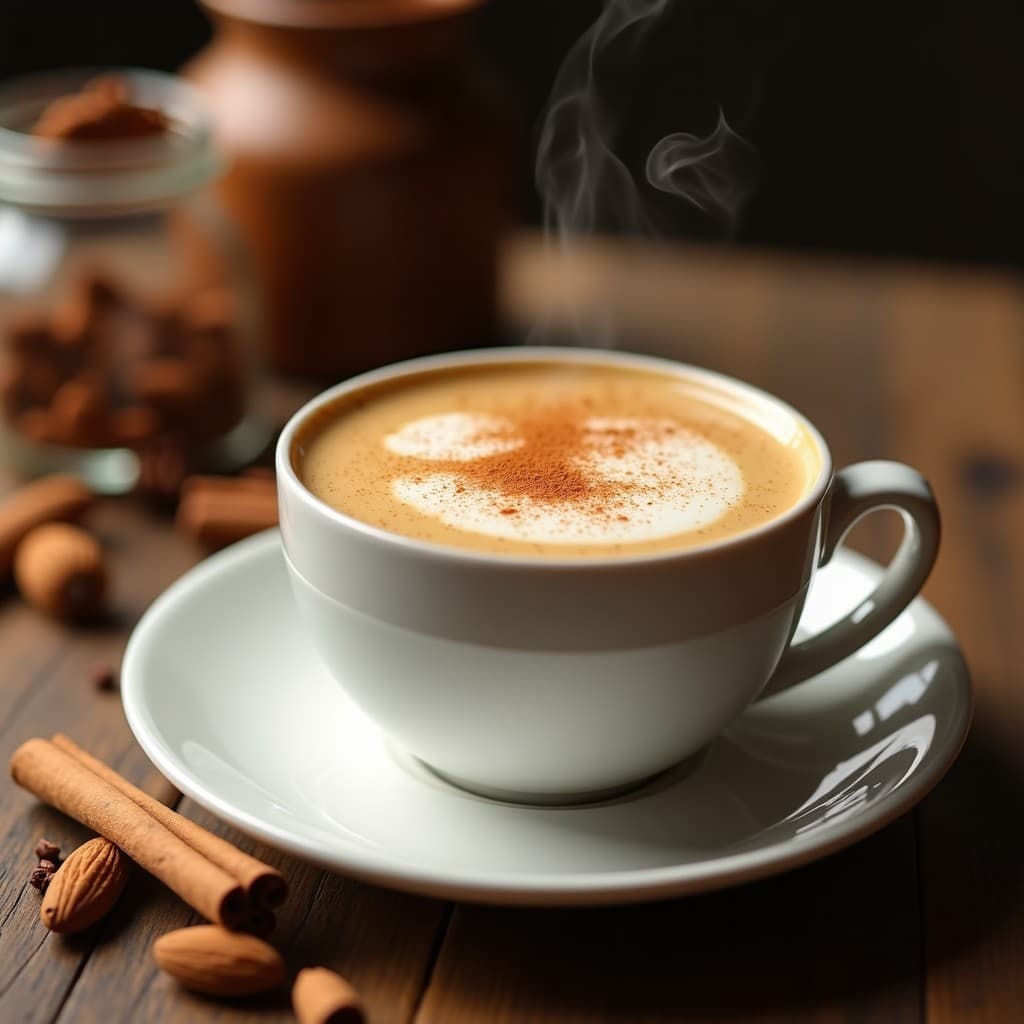 Taza de cerámica blanca con latte iraquí sin lácteos, bebida de café con especias y leche de almendras, espolvoreada con canela, sobre una mesa de madera rústica con especias al fondo.