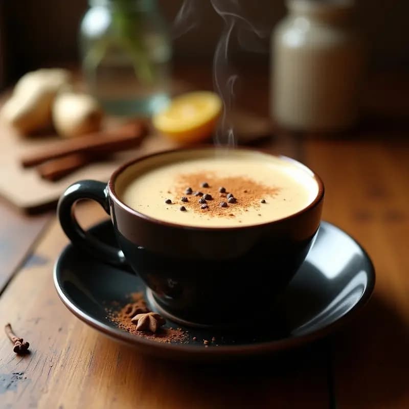Taza de cerámica oscura con bebida de café con especias y leche de avena, espolvoreada con canela y pimienta negra, sobre una mesa de madera con especias al fondo.