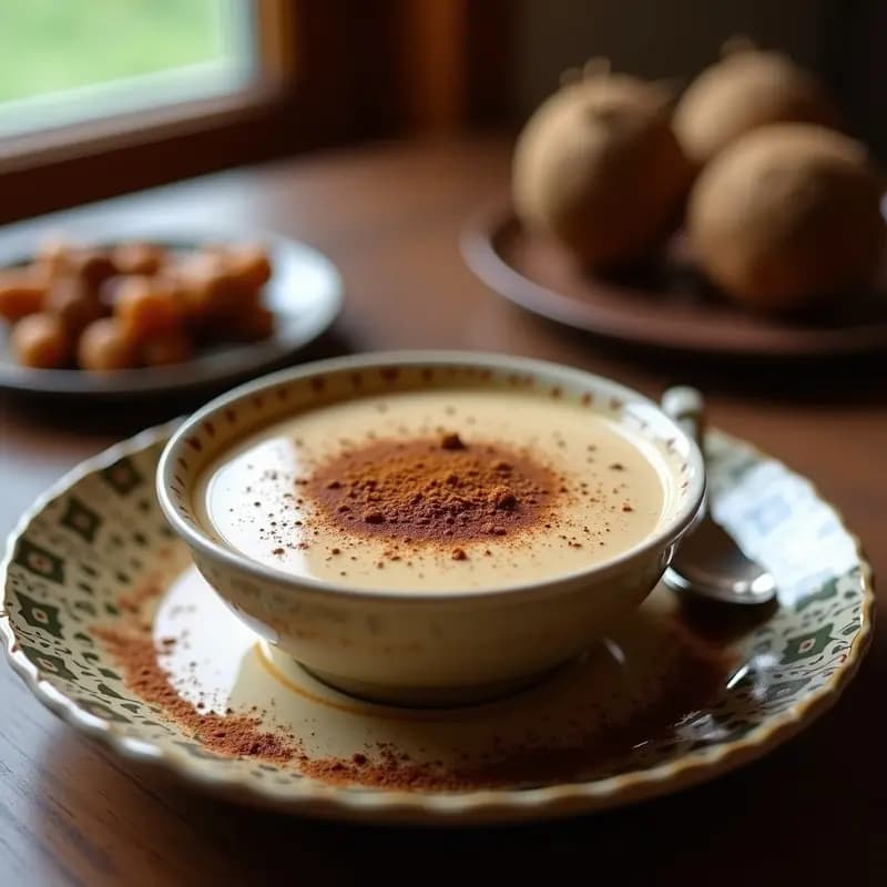 Taza de cerámica blanca humeante con bebida de café con especias y leche de coco, espolvoreada con canela y cardamomo, sobre una mesa de madera rústica con especias al fondo, receta árabe sin cafeína.