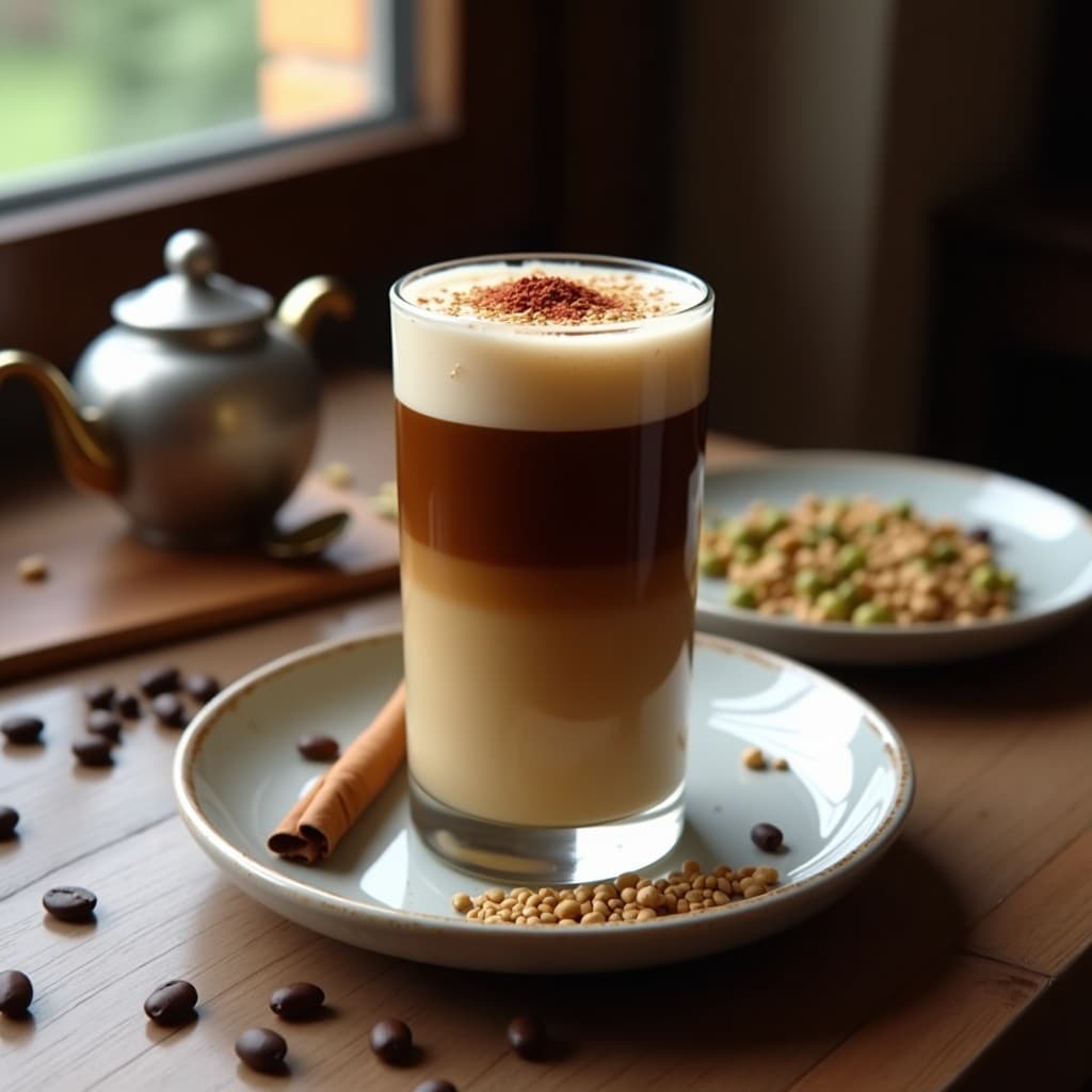 Vaso alto transparente con bebida de café turco oscuro en la base, coronado por una capa espumosa de leche de pistacho beige. Decorado con una pizca de pimienta de Alepo roja y semillas de sésamo tostado dorado. Fondo de especias y granos de café dispersos sobre una mesa de madera rústica.