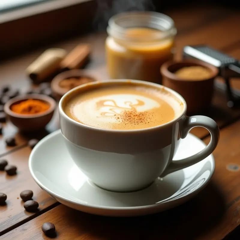 Taza de café humeante con una capa espumosa dorada, especias visibles en la superficie y un toque de canela espolvoreada. Fondo con ingredientes: granos de café, mantequilla de almendra y especias en polvo. Estilo rústico y acogedor, receta keto tipo bulletproof.