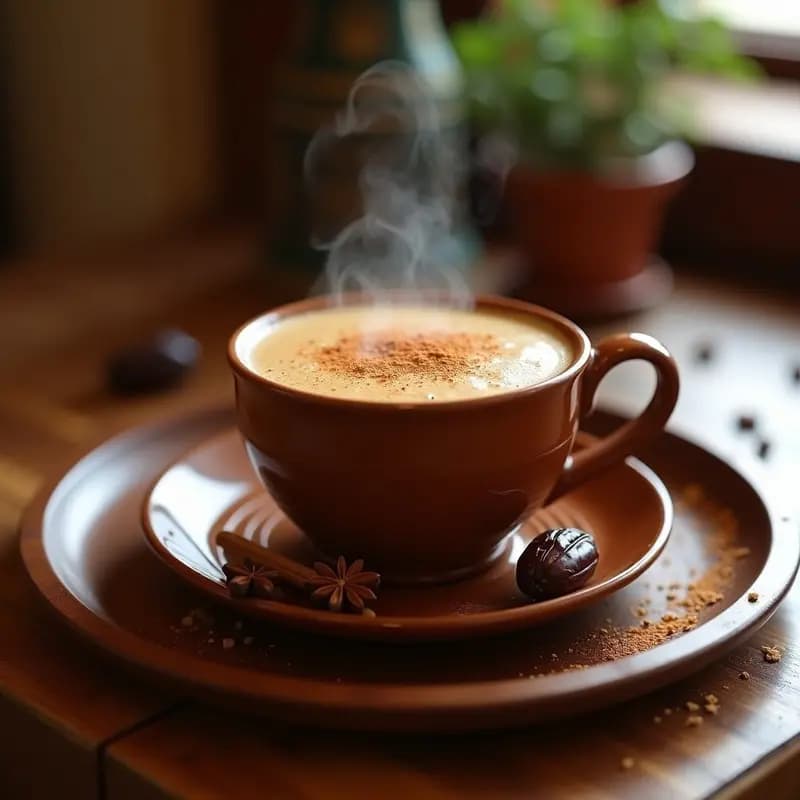 Taza de cerámica marroquí con bebida de café humeante, especias marroquíes y leche de camello, decorada con canela en polvo y un dátil al lado, sobre una bandeja de madera rústica.