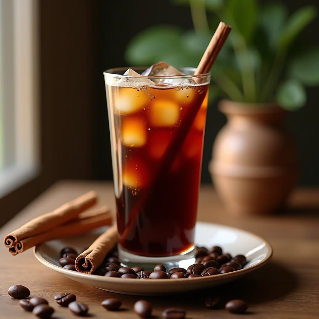 Vaso alto transparente con bebida de café con Esaú y canela en frío, decorado con una rama de canela en el borde y hielo flotando, sobre una mesa de madera rústica con granos de café y semillas de Esaú dispersos.