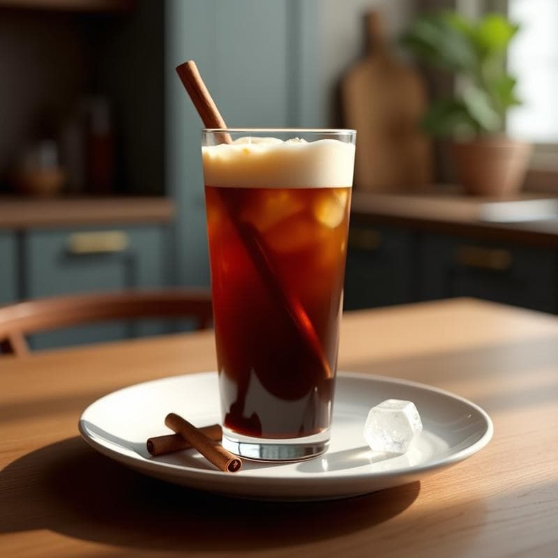 Vaso alto transparente con bebida de café frío oscuro, espuma ligera en la superficie, decorado con una rama de canela y unas gotas de esencia de vainilla alrededor. Fondo con hielo y luz natural resaltando los tonos ámbares.
