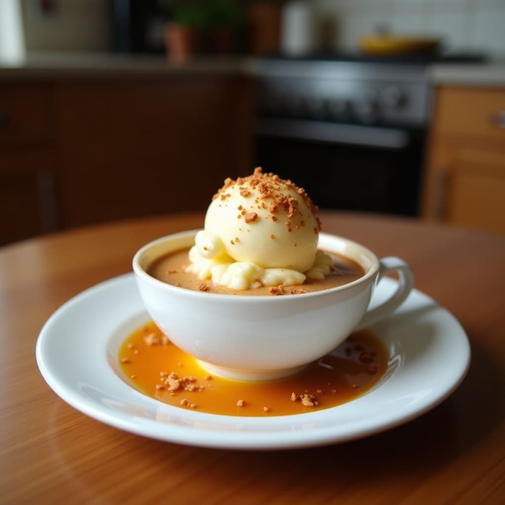 Vaso alto de cristal con bebida de café helado de color marrón oscuro coronado por espuma cremosa, decorado con una rodaja de limón y hojas de gotu kola fresca, sobre fondo de madera rústica con especias esparcidas.