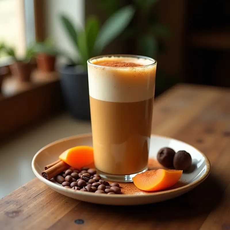 Vaso alto transparente con latte mexicano de café de higo chumbo y canela, espuma cremosa en la superficie, espolvoreado con canela en polvo y decorado con una rodaja de higo chumbo al lado. Fondo rústico con detalles de canela en rama y granos de café.