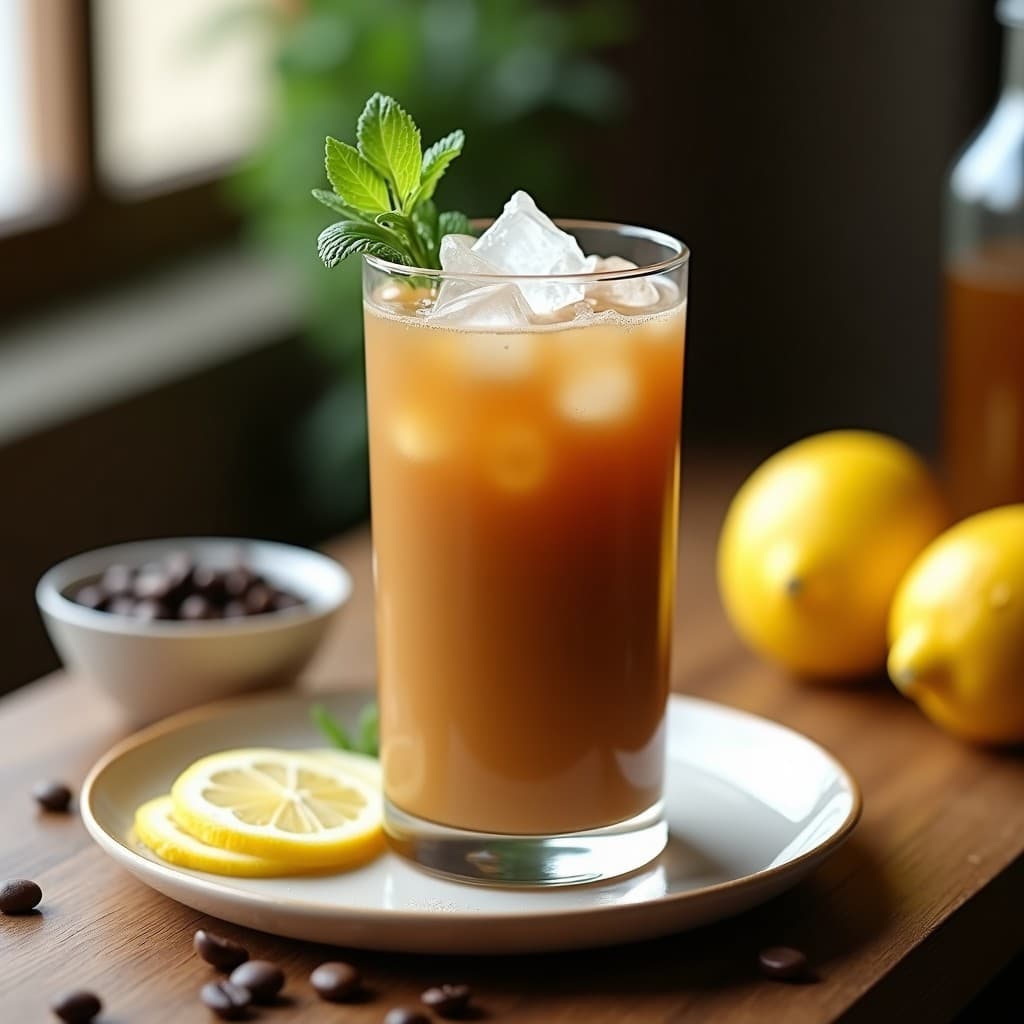 Vaso alto transparente con Bebida de Café con Leche de Tigre de Limón, decorada con hielo picado y corazones de hinojo fresco, sobre una mesa rústica de madera con limones y granos de café al fondo.