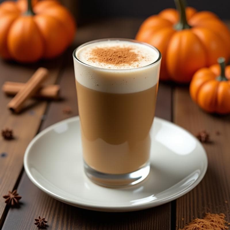 Vaso alto transparente con bebida de café espumosa color marrón claro, decorada con una pizca de canela en polvo, sobre una mesa rústica de madera con especias de pumpkin spice y granos de café al fondo. Receta keto sin azúcar.