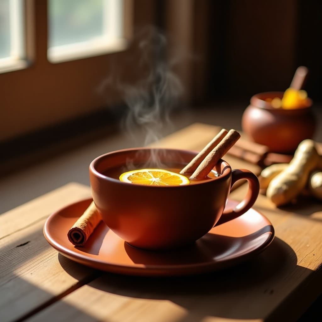 Taza de barro humeante con bebida de caoba y canela peruana, de color ámbar oscuro, decorada con una rama de canela y rodaja de naranja seca sobre una mesa rústica de madera.