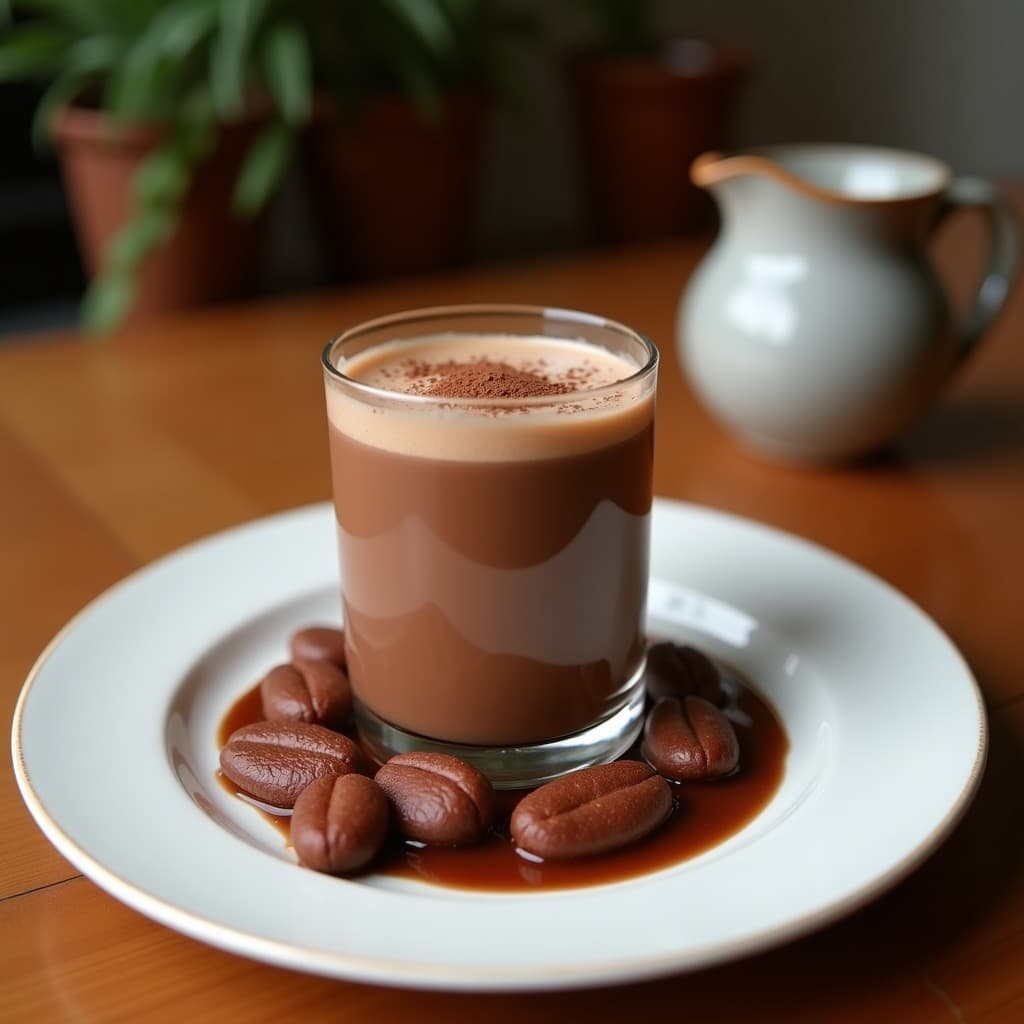 Vaso de vidrio transparente lleno de bebida de cebada tostada y cacao, de color marrón oscuro y textura cremosa, con espuma ligera en la superficie. Al fondo, ingredientes como cebada tostada, cacao en polvo y canela en rama sobre una mesa de madera rústica. Receta colombiana energética y vegana.