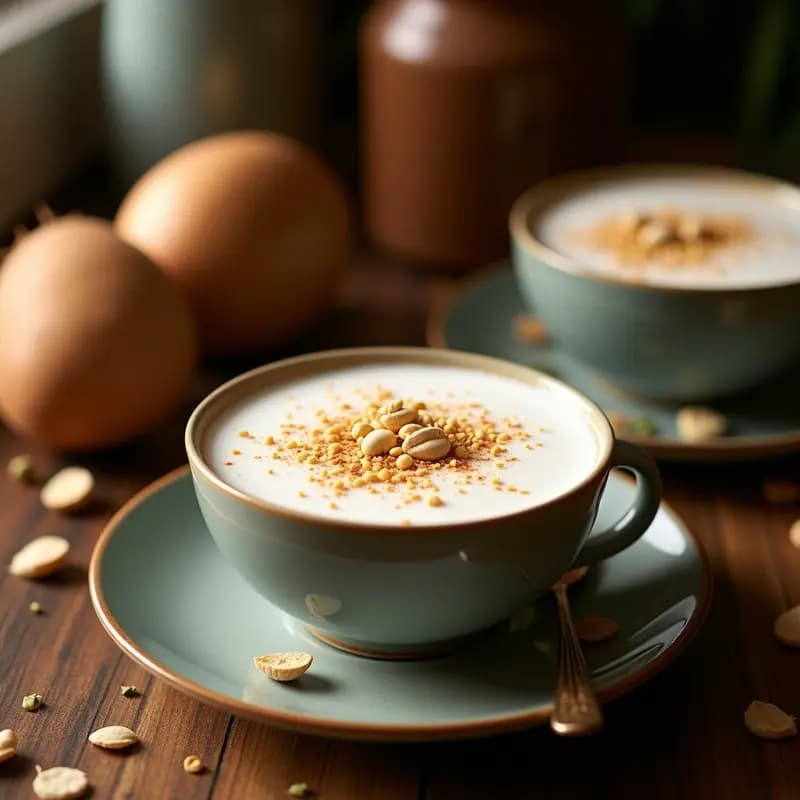 Taza de cerámica blanca con bebida de cevada y cardamomo con leche de coco, espuma cremosa en la superficie, decorada con canela en polvo y semillas de cardamomo abiertas. Fondo de madera rústica con granos de cevada y hojas de cardamomo esparcidos.