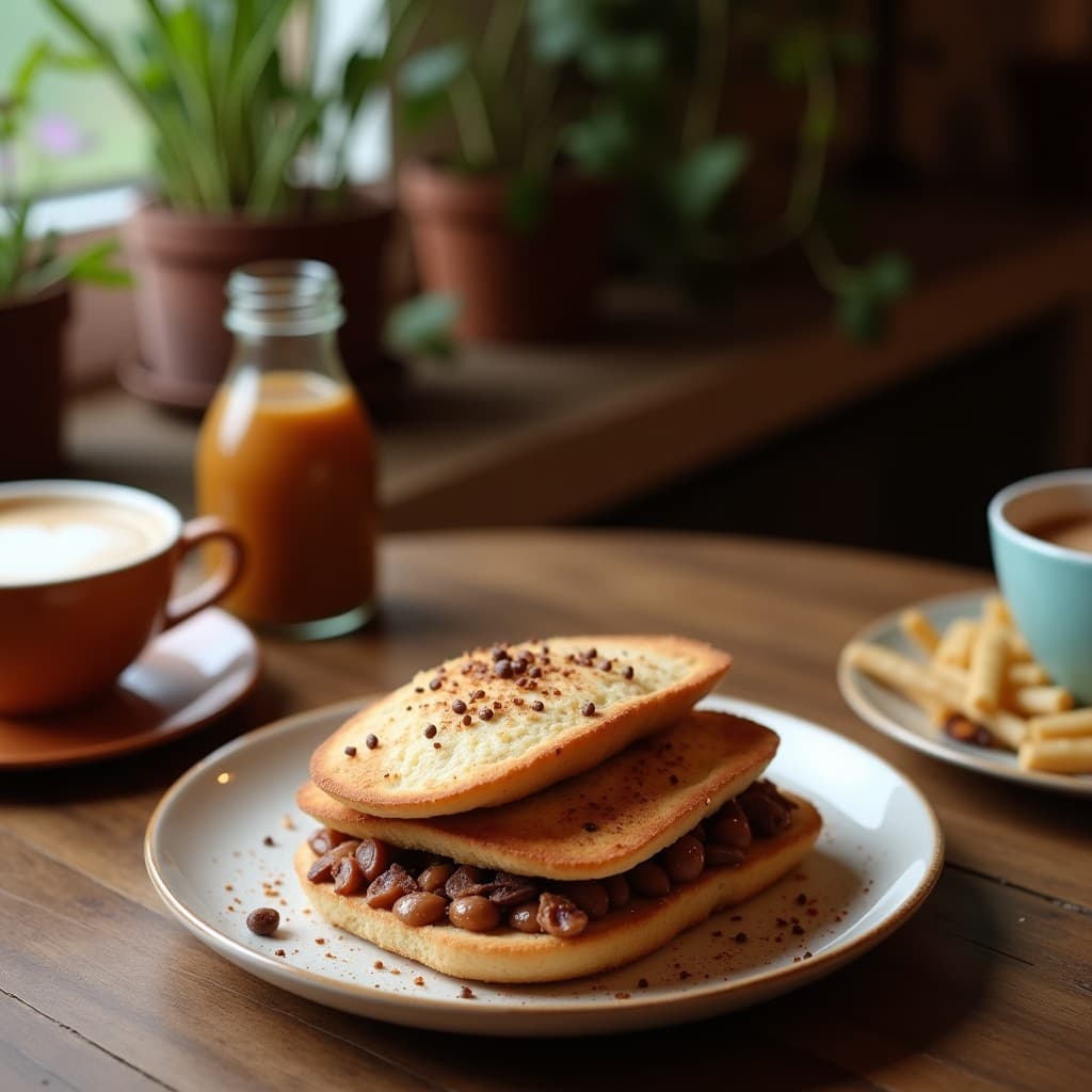 Taza de cerámica blanca con bebida de cebada tostada y cacao con especias, latte vegano sin cafeína, espuma cremosa de leche de coco y decoración de cacao en polvo sobre fondo rústico de madera con especias al lado.