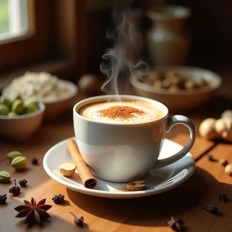 Taza de cerámica blanca con latte chai de avena y cardamomo, espuma cremosa en la superficie, espolvoreada con canela en polvo y una rama de canela al lado. Fondo rústico con especias enteras (cardamomo, clavo y canela).