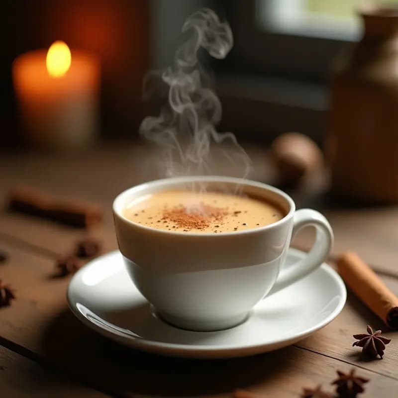 Taza de cerámica blanca con bebida de té chai humeante, leche de anacardo espumosa y especias de cardamomo y canela flotando. Fondo oscuro con velas y ambiente relajante nocturno.