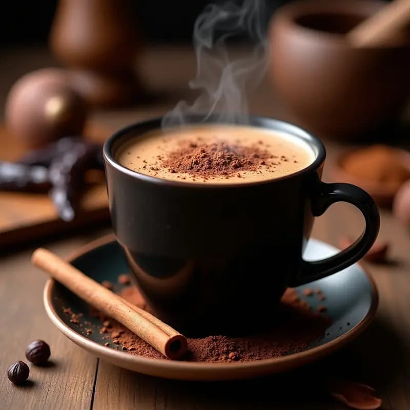 Taza de cerámica negra con bebida de chile pasilla y cacao, espuma cremosa en la superficie, espolvoreada con cacao en polvo y decorada con una rama de canela. Fondo rústico con especias y chiles secos.
