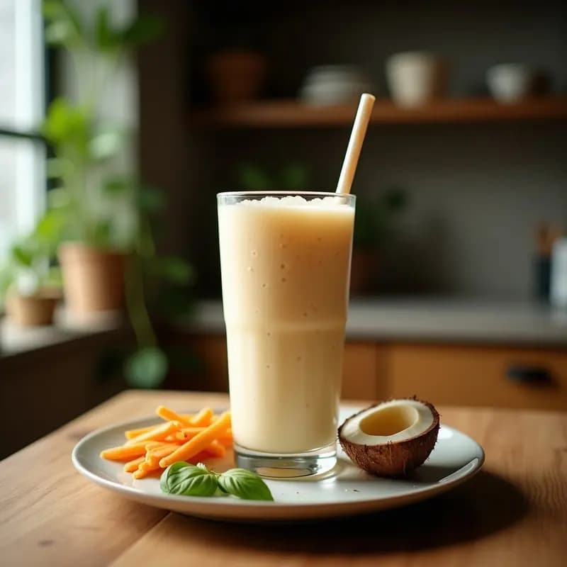 Vaso alto transparente con smoothie tailandés de agua de coco y pulpa de coco asada, decorado con trocitos de coco tostado y una rodaja de limón, sobre fondo de madera rústica con ingredientes dispersos.