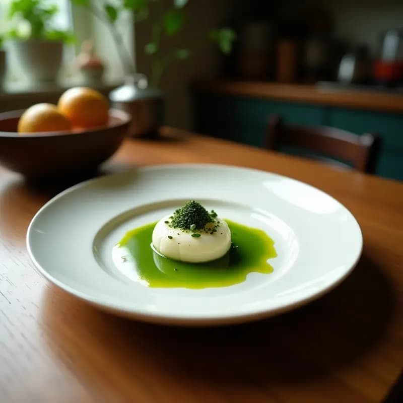Vaso alto transparente con bebida verde azulada de agua de coco y spirulina, decorado con rodaja de limón y jengibre rallado, sobre fondo blanco con hielo y hojas de menta.