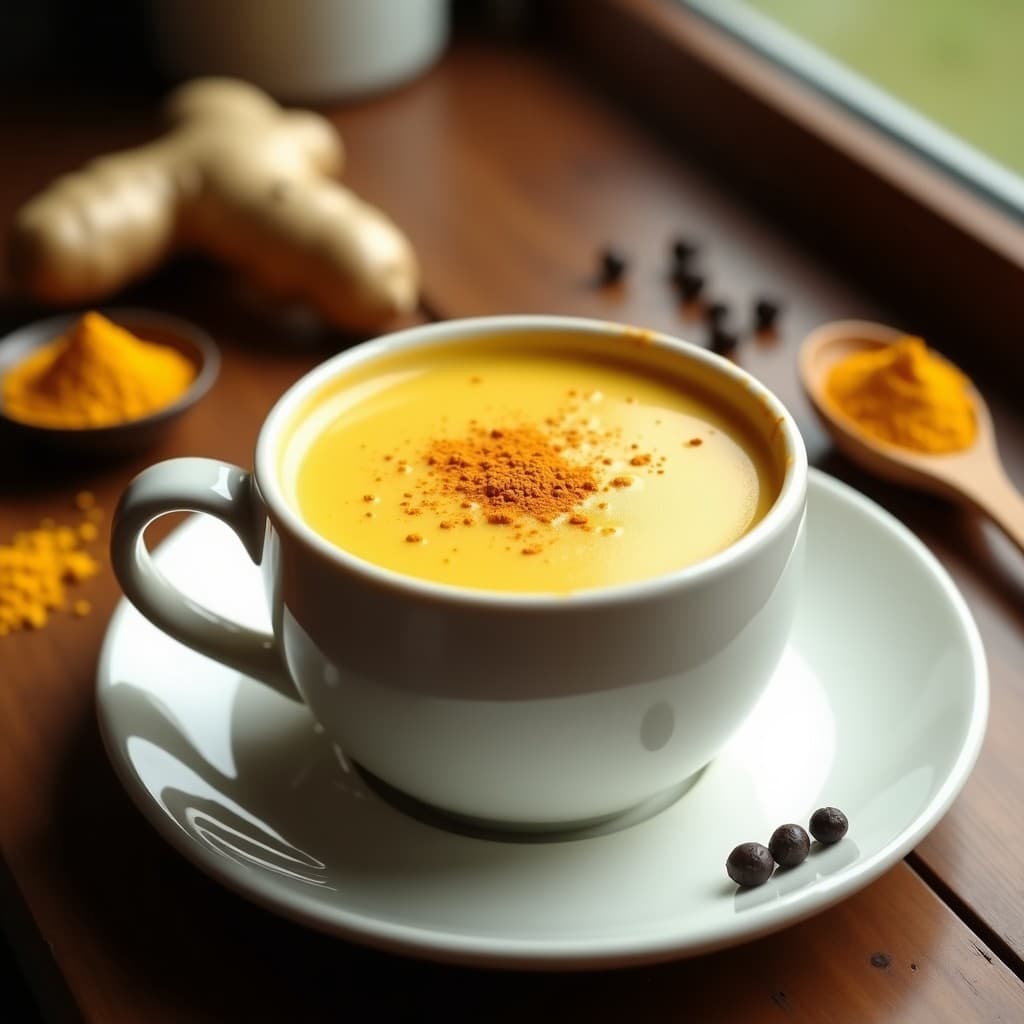 Taza de cerámica blanca con bebida dorada humeante, de color ámbar intenso, decorada con una pizca de cúrcuma y canela en polvo en la superficie. Fondo con ingredientes: raiz de jengibre fresco, cucharita de cúrcuma en polvo y granos de pimienta negra. Ambiente cálido y natural.