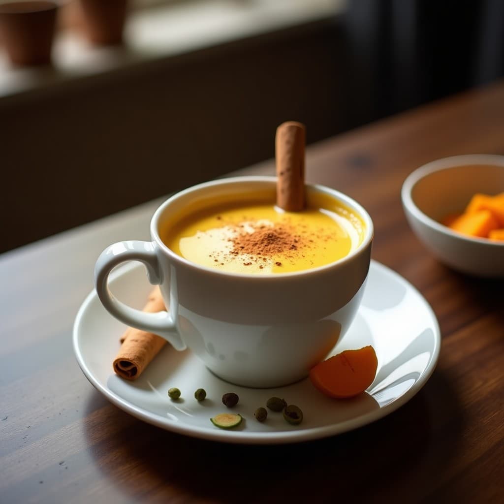 Taza de cerámica blanca con Bebida Dorada de Úrcuma y Pimienta con Leche de Avena, color ámbar intenso, decorada con una pizca de canela en polvo y una rama de canela al lado. Fondo oscuro con especias esparcidas (cardamomo, úrcuma rallada).