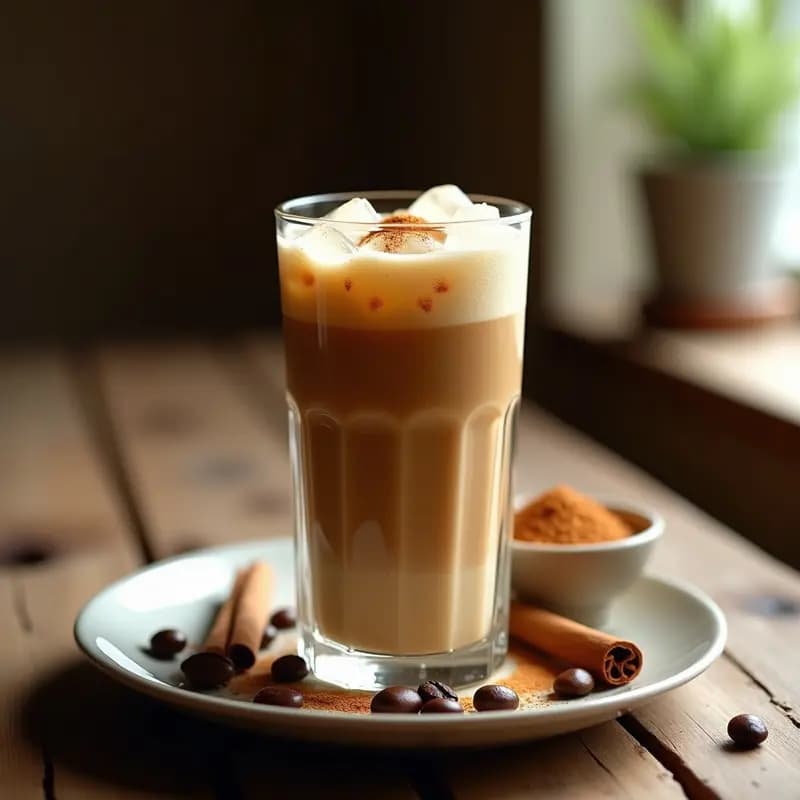 Vaso alto transparente con bebida fría de café con especias y leche de cardo, decorado con canela espolvoreada y hielo picado, sobre una mesa de madera rústica con granos de café y una ramita de canela al lado.