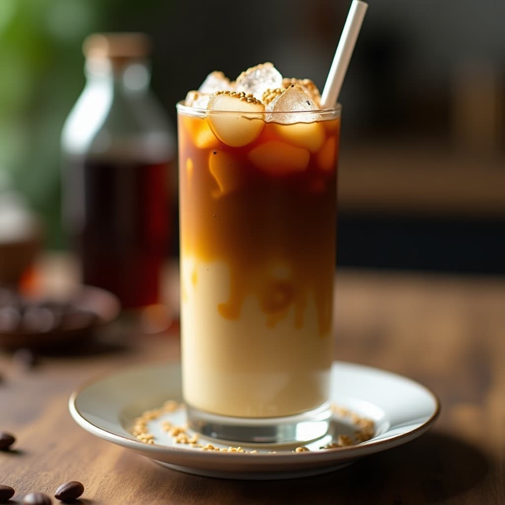 Vaso alto transparente con bebida fría de café vietnamita en capas: base cremosa de leche condensada y vainilla, capa oscura de café robusta y hielo picado en la parte superior, decorado con semillas de sésamo tostadas.