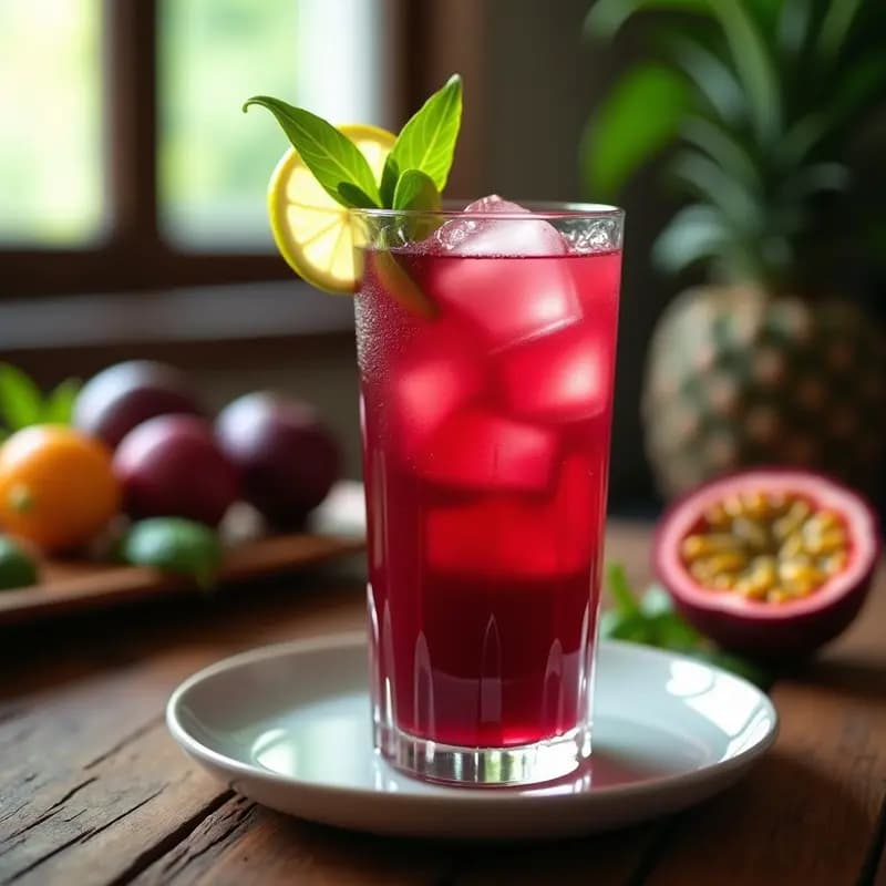 Vaso alto transparente con bebida de hibisco y maracuyá antioxidante sin azúcar, decorado con rodaja de limón verde y hojas de stevia, sobre fondo de madera rústica con hielo brillando.