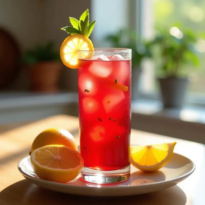 Vaso alto transparente con bebida de hibisco y maracuyá de color rojo intenso, burbujas de limón flotando, decorado con rodajas de limón y hojas de menta fresca, sobre fondo claro con hielo.
