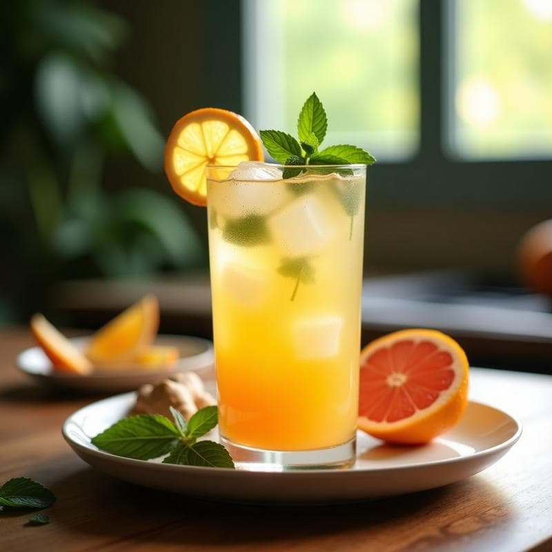 Vaso alto transparente con bebida de hojas de stevia y jengibre con zumo de pomelo, decorado con rodaja de limón, hojas de menta y hielo, refresco keto sin azúcar sobre fondo rústico.