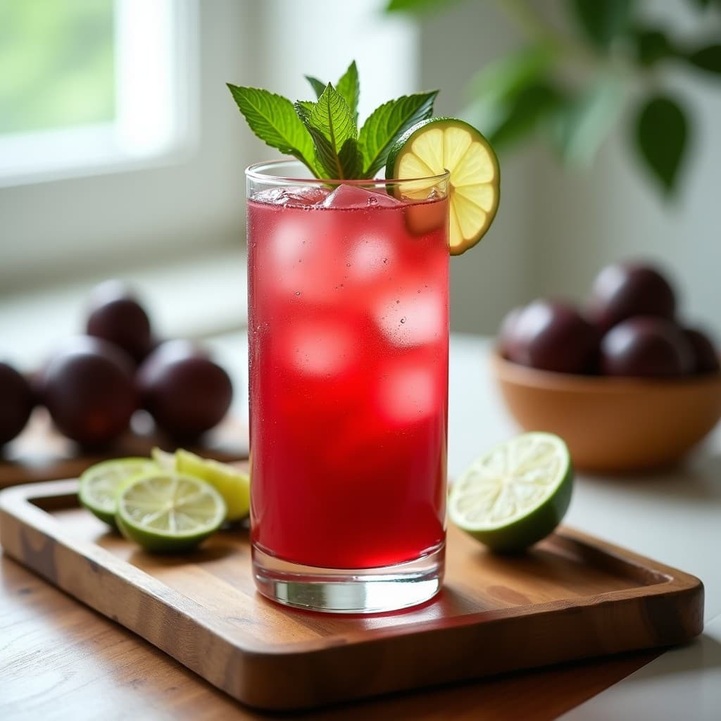 Vaso alto de cristal con bebida de ibisco y maracuyá con jengibre, de color rojo intenso, decorado con hojas de menta, rodaja de limón verde y hielo. Fondo borroso con ingredientes como flores de ibisco y maracuyá fresca.