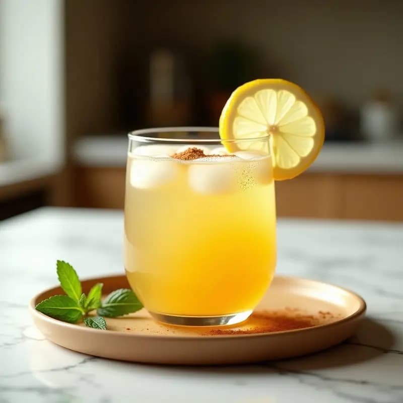 Vaso transparente con bebida dorada de jengibre y colágeno, decorado con rodaja de limón y pizca de canela en polvo, sobre fondo blanco con hojas de menta. Receta keto antiinflamatoria para articulaciones.