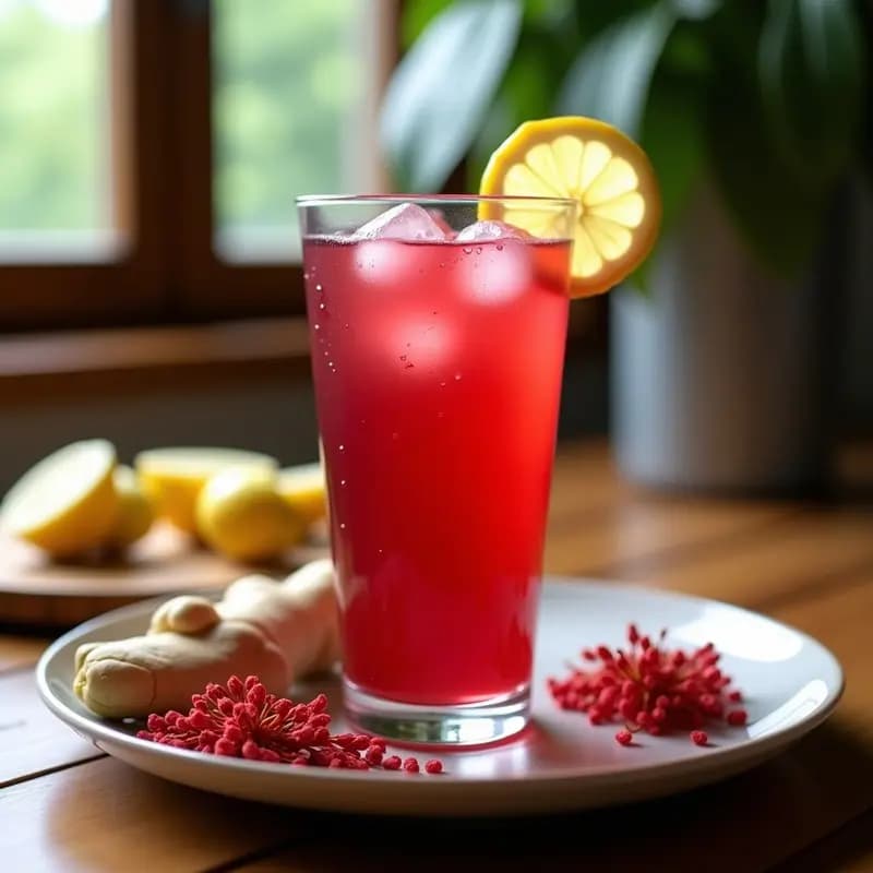 Vaso alto transparente con bebida de karkadé fría, de color rojo intenso, decorado con rodajas de limón y cubitos de hielo. Al fondo, flores de hibisco secas y una rodaja de jengibre fresco sobre una mesa de madera rústica.