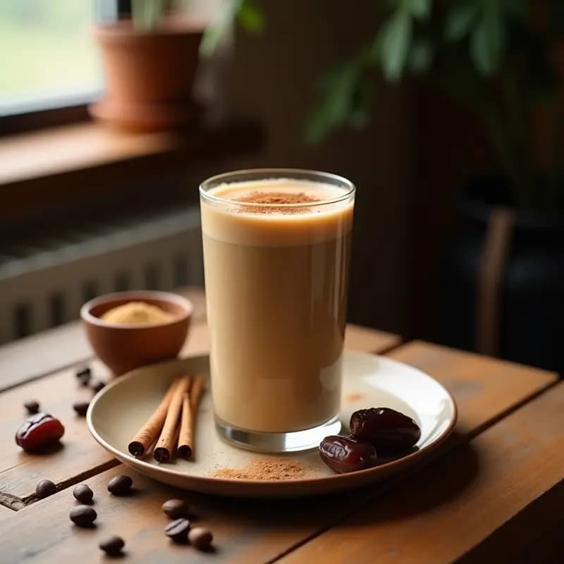 Vaso alto transparente con bebida cremosa de color marrón claro, espolvoreada con canela en polvo, sobre fondo rústico de madera con ingredientes como dátiles, máca en polvo y granos de café alrededor.