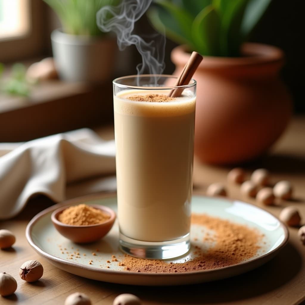 Vaso alto de cristal con bebida de raíz de maca y canela con leche de avellana, espolvoreada con maca en polvo y decorada con una rama de canela, sobre una mesa de madera rústica con ingredientes naturales alrededor.