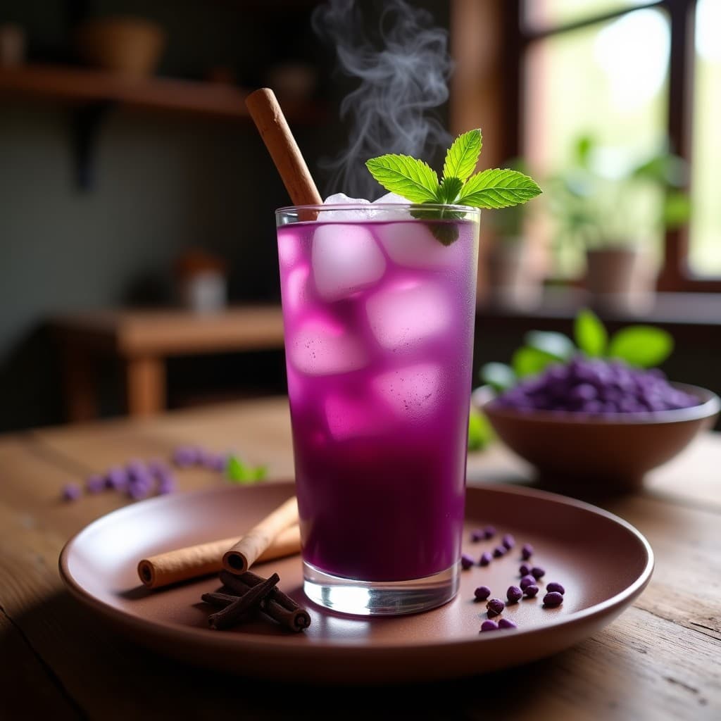 Vaso alto transparente con bebida de maíz morado y clavo de olor con canela, de color violeta intenso, servida con hielo y decorada con una rama de canela y hojas de hierbabuena fresca. Fondo rústico de madera con granos de maíz morado y especias dispersas.
