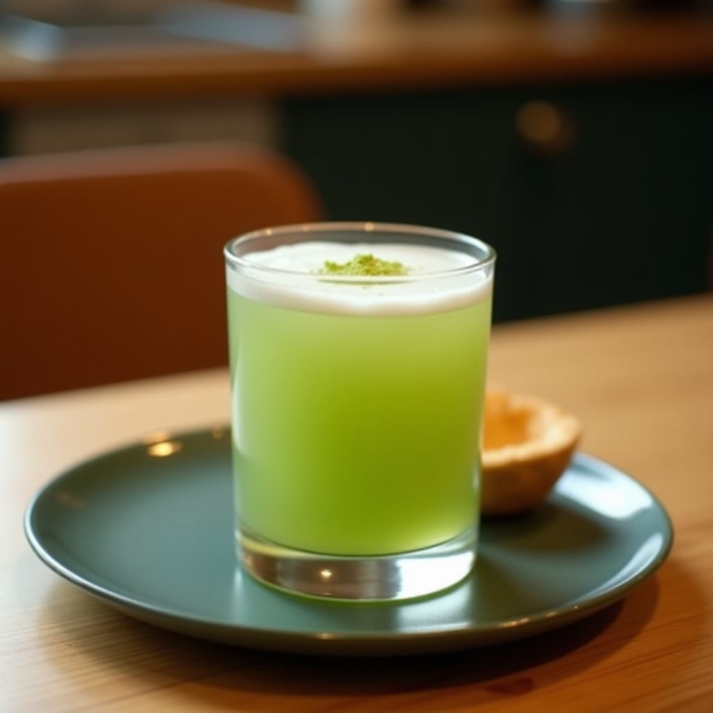 Vaso alto transparente con bebida verde vibrante de matcha, agua de coco y jengibre, decorado con hielo picado, rodaja de limón verde y hojas de menta fresca sobre fondo claro de madera.