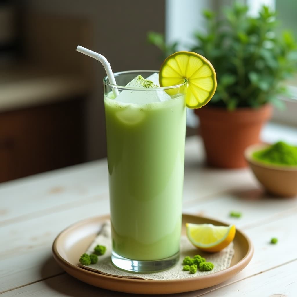 Vaso transparente alto con bebida de matcha con leche de almendras y jengibre, de color verde esmeralda con espuma cremosa en la superficie, decorado con una pizca de matcha en polvo y una rodaja fina de jengibre al lado, sobre fondo de madera clara con hojas de menta.