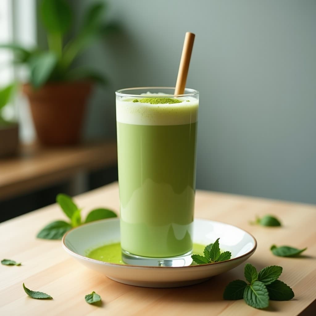 Vaso transparente con bebida de matcha con leche de soja y esencia de vainilla, de color verde vibrante y textura cremosa, decorado con una pizca de matcha en polvo y semillas de chía, sobre fondo de madera clara con hojas de té dispersas.
