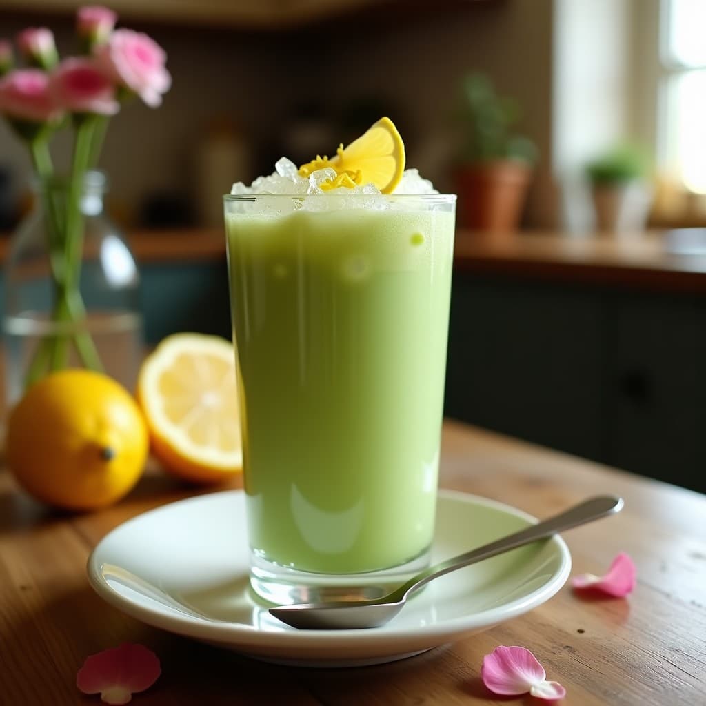 Vaso alto transparente con bebida de matcha y limón con agua de rosas, de color verde claro con espuma cremosa, decorado con ralladura de limón y hielo picado, sobre fondo de madera rústica con pétalos de rosa esparcidos.