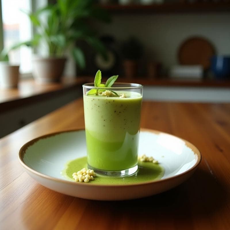 Vaso transparente con bebida verde vibrante de matcha, limón y jengibre fresco, decorado con una rodaja de limón y hielo, sobre fondo blanco con ingredientes dispersos: matcha en polvo, jengibre y limón.