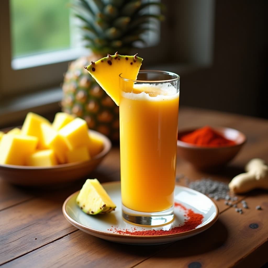 Vaso alto transparente con bebida de merken y piña, de color dorado intenso con espuma ligera en la superficie, decorado con rodaja de piña y pizca de merken en polvo en el borde. Fondo con ingredientes: piña en cubos, semillas de chía y jengibre fresco.