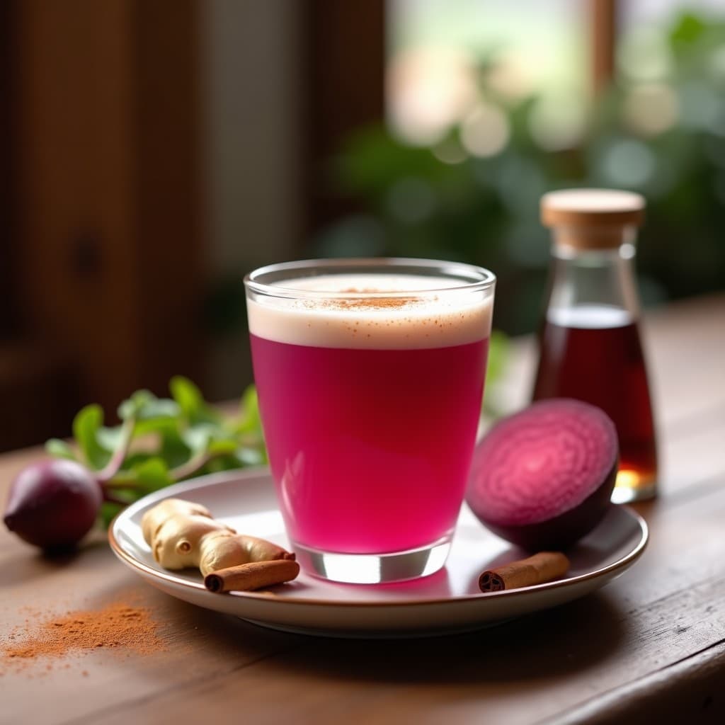 Vaso transparente con latte rosado de remolacha y jengibre, capas cremosas de leche de camella, espuma suave y decoración con canela en polvo, sobre fondo de madera rústica con ingredientes frescos alrededor.