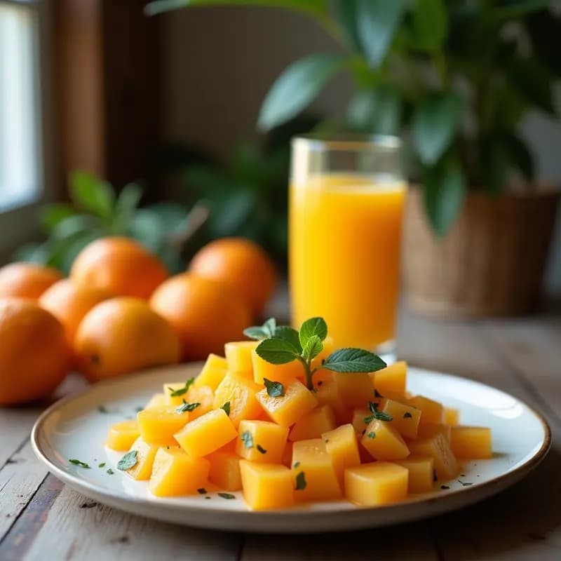 Vaso alto transparente con bebida de remolacha y jengibre con zumo de naranja sanguina, de color rojo intenso, decorado con hielo picado, una rodaja de naranja sanguina y un trocito de jengibre fresco. Fondo claro con ingredientes dispersos: remolacha cocida, jengibre y naranjas sanguinas enteras.