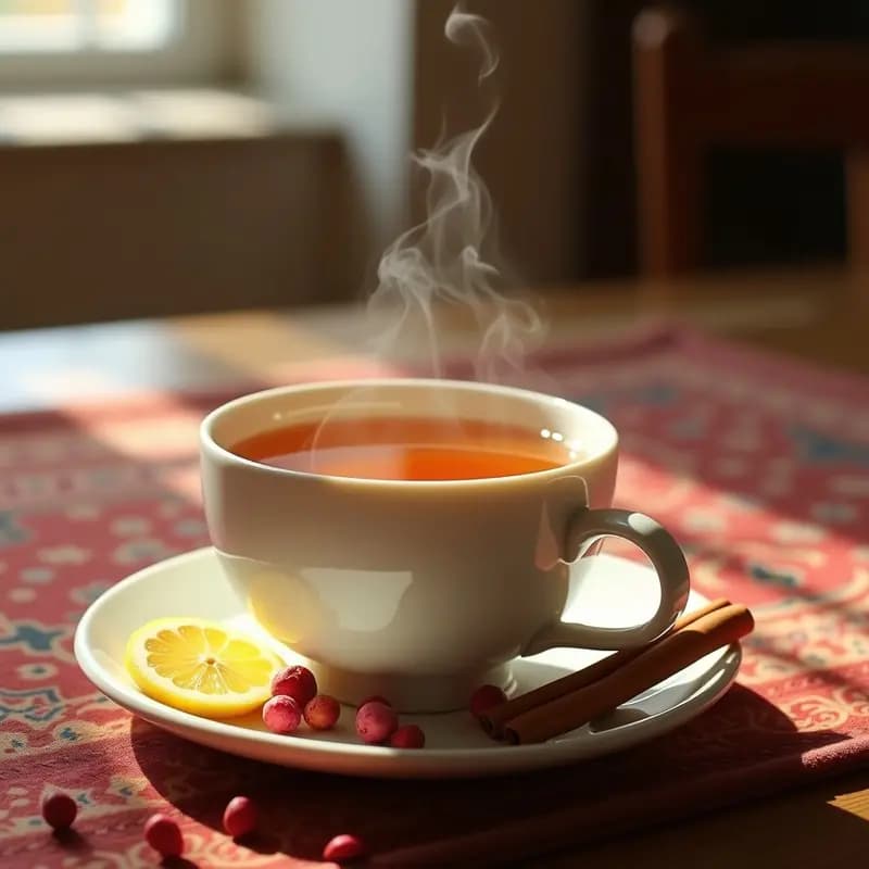 Taza de porcelana blanca con té iraní de rosa mosqueta y jengibre, decorada con una rodaja de limón amarillo y una rama de canela, sobre una mesa de madera rústica con frutos secos de rosa mosqueta y jengibre fresco al lado.