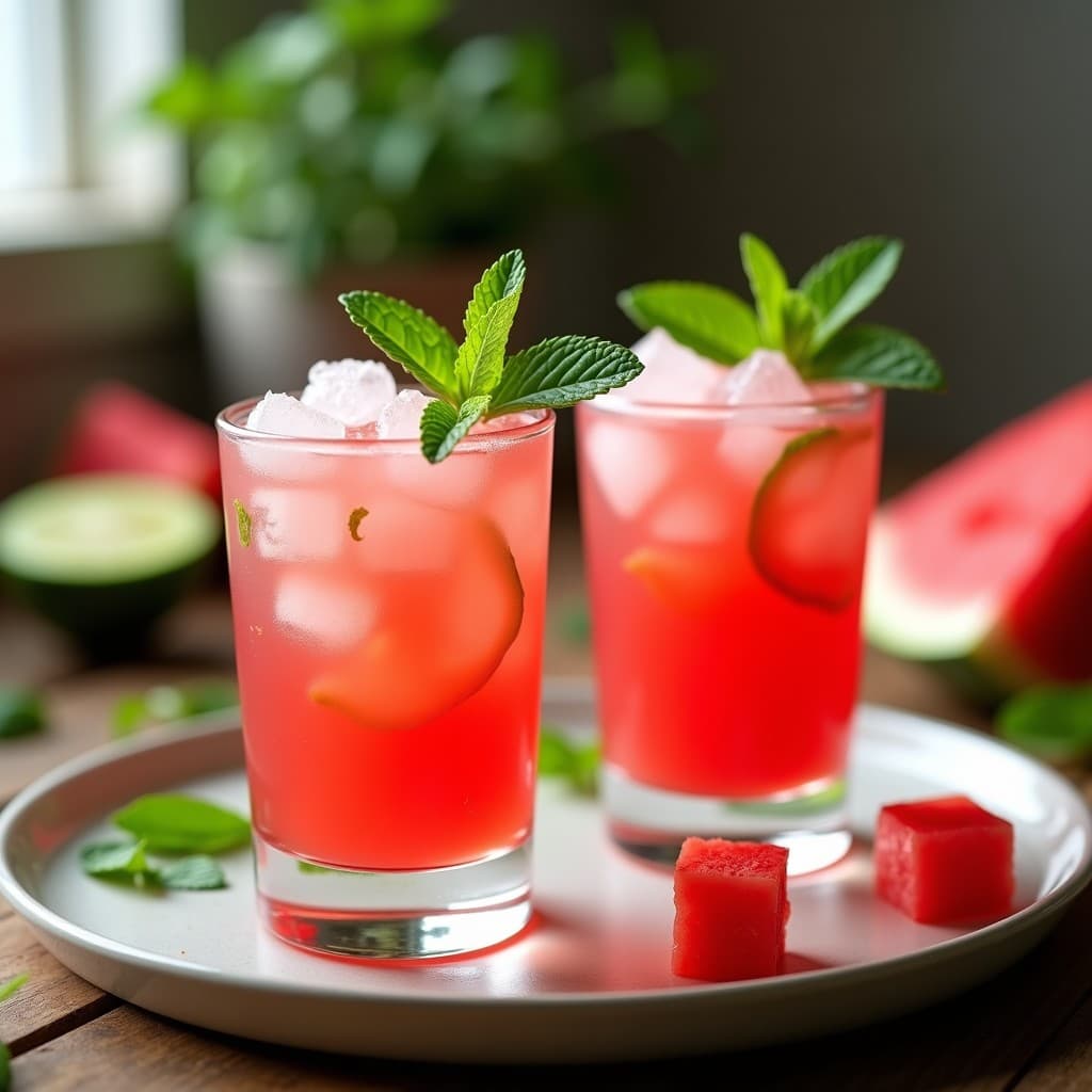 Dos vasos pequeños tipo shot con bebida de sandía, menta y chile, decorados con hojas de menta y rodajas de chile serrano, sobre una mesa de madera con hielo picado y trozos de sandía al fondo.
